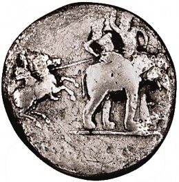 photograph by sharon suchma, courtesy of the american numismatic society the ancient greek silver decadrachm shown here was minted in 323 b.c. (possibly in babylon) and depicts a mounted alexander charging an indian war elephant (compare with photo of medieval miniature). during the battle of the hydaspes river, many of the wildly trumpeting elephants panicked, trampling porus’s foot soldiers, while macedonian archers picked off his cavalrymen. the indian rajah’s defeat was devastating; his casualties have been variously estimated at 12,000 to 23,000 men. yet alexander saluted his foe’s bravery by magnanimously permitting porus to continue to rule—under greek control, of course.