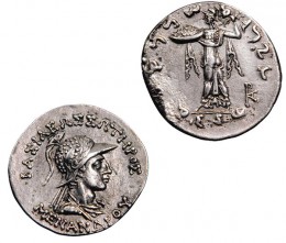 phototgraph by sharon suchma, courtesy of the american numismatic society east meets west on the two sides of the silver tetradrachm shown here, minted in the bactrian city of panjhir around 145 b.c. the obverse is inscribed with greek writing and a helmeted bust of menander, a hellenistic bactrian king who converted to buddhism in the mid-second century b.c. the coin’s reverse is written in the local kharosthi script—which uses an alphabet derived from aramaic—and depicts athena, the greek goddess of wisdom, hurling a thunderbolt.